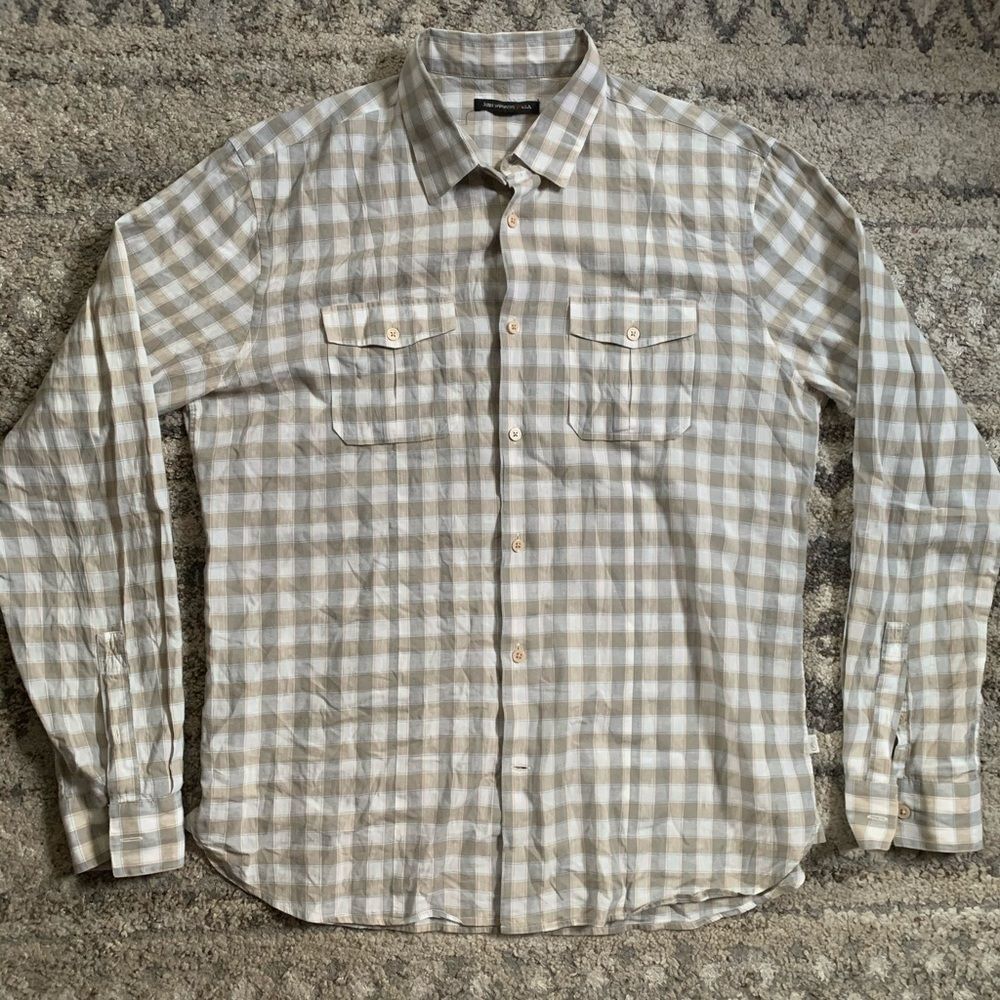 John Varvatos Beige Plaid Button Pocket Shirt L